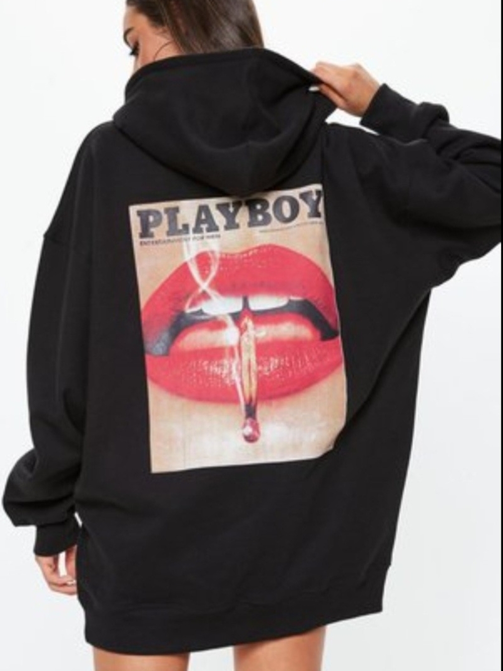 MISSGUIDED x PLAYBOY- Black Graphic Hoodie Sweater Dress with Red Lip Print